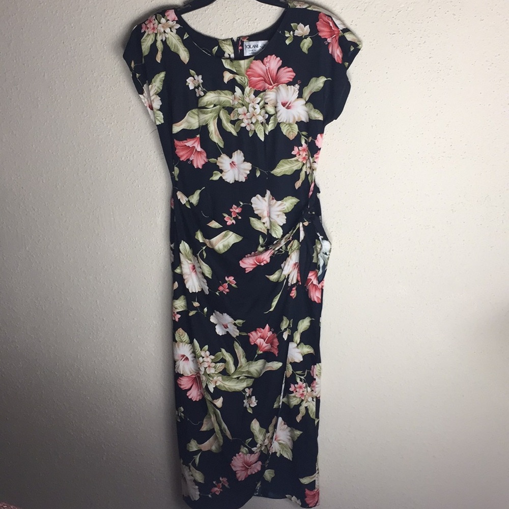 Lolani Hawaiian Floral Faux Wrap Tie Front Dress